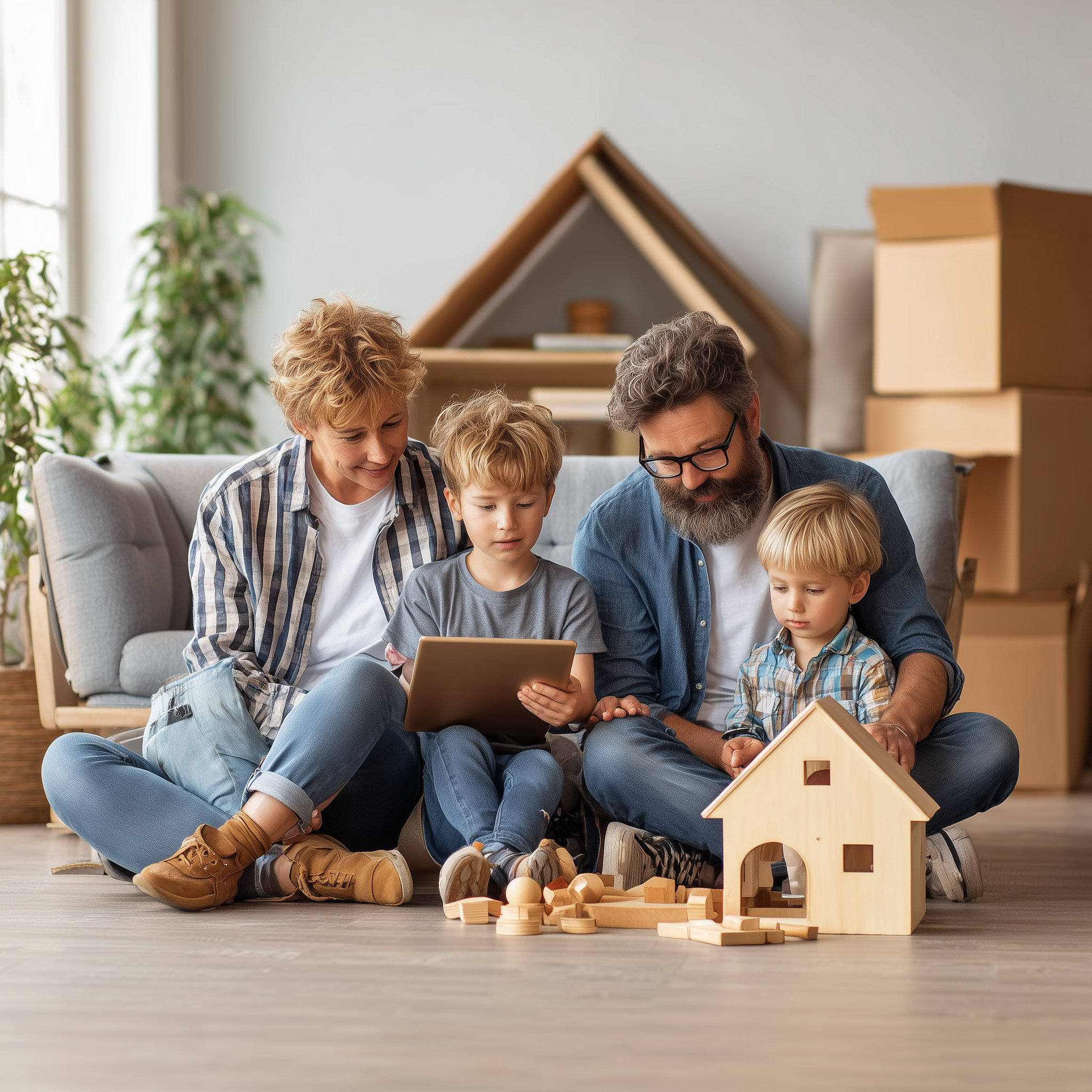 Famille qui consulte les annonces les Clefs de l'immobilier